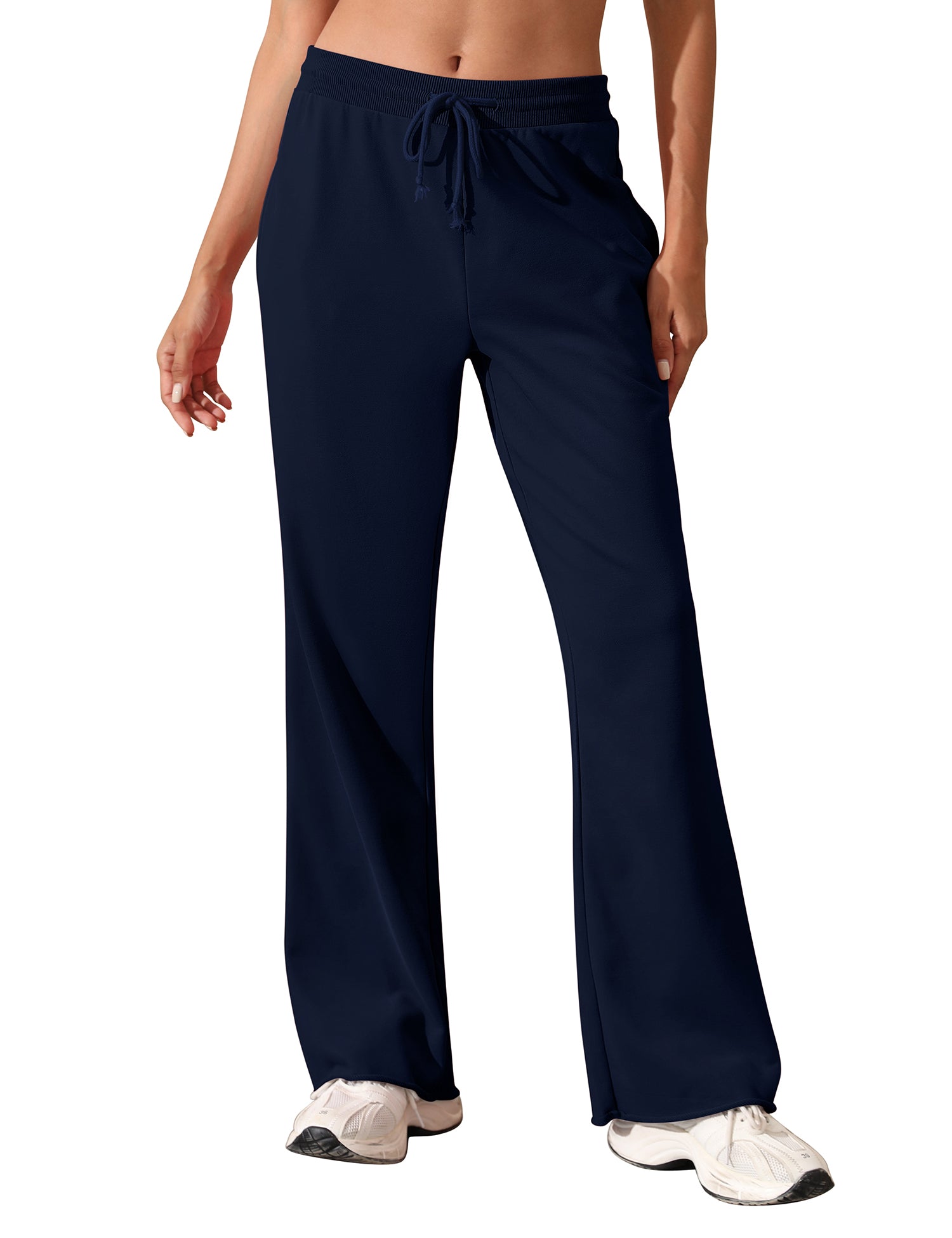 Women's Drawstring Ribbed Waist Raw Hem Flared Wide Leg Sweatpants