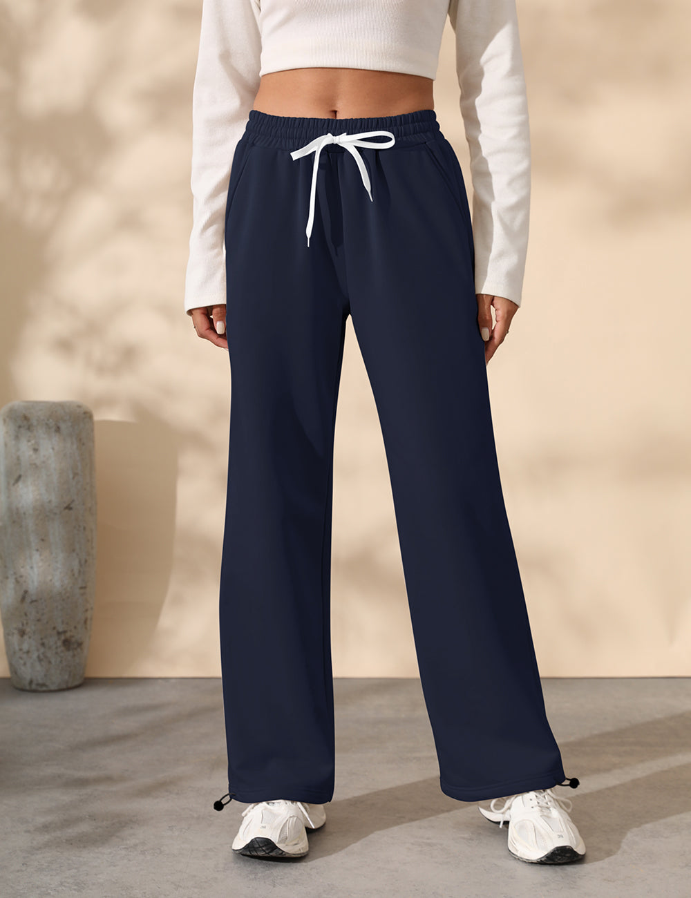 Fleece Lined Sweatpants for Women Winter Warm Wide Leg Drawstring Cuffs Baggy Sweat Pants