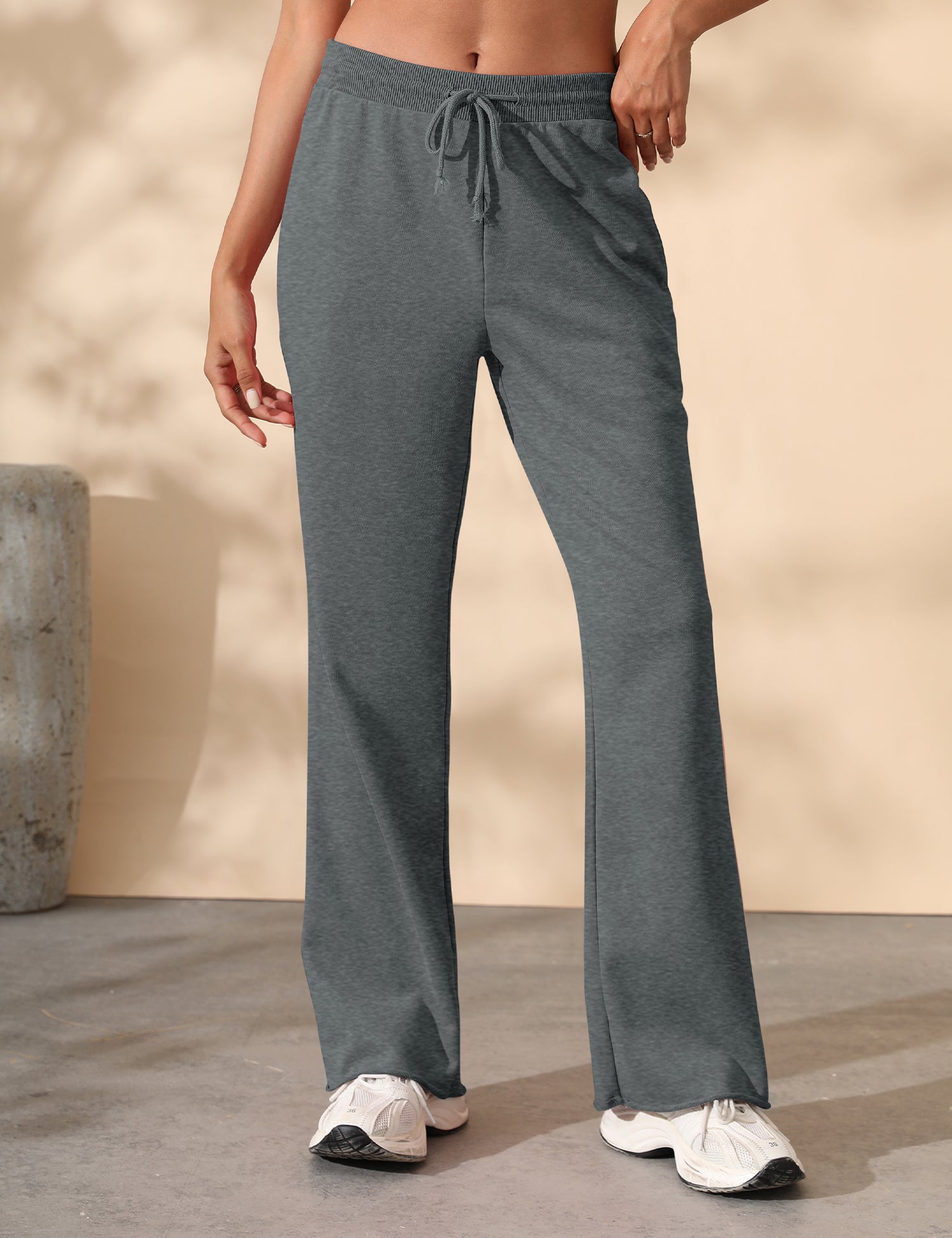 Women's Drawstring Ribbed Waist Raw Hem Flared Wide Leg Sweatpants