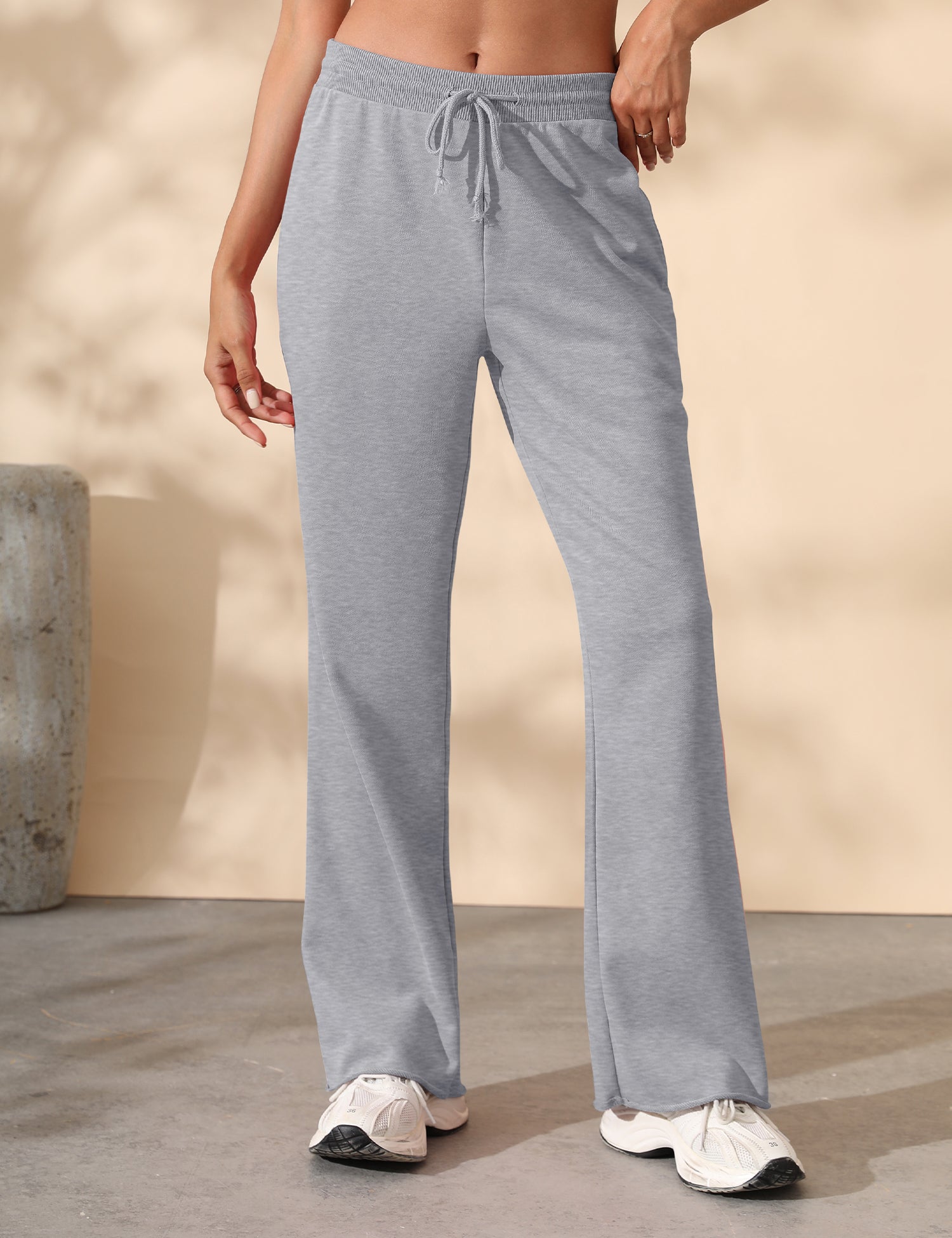 Women's Drawstring Ribbed Waist Raw Hem Flared Wide Leg Sweatpants