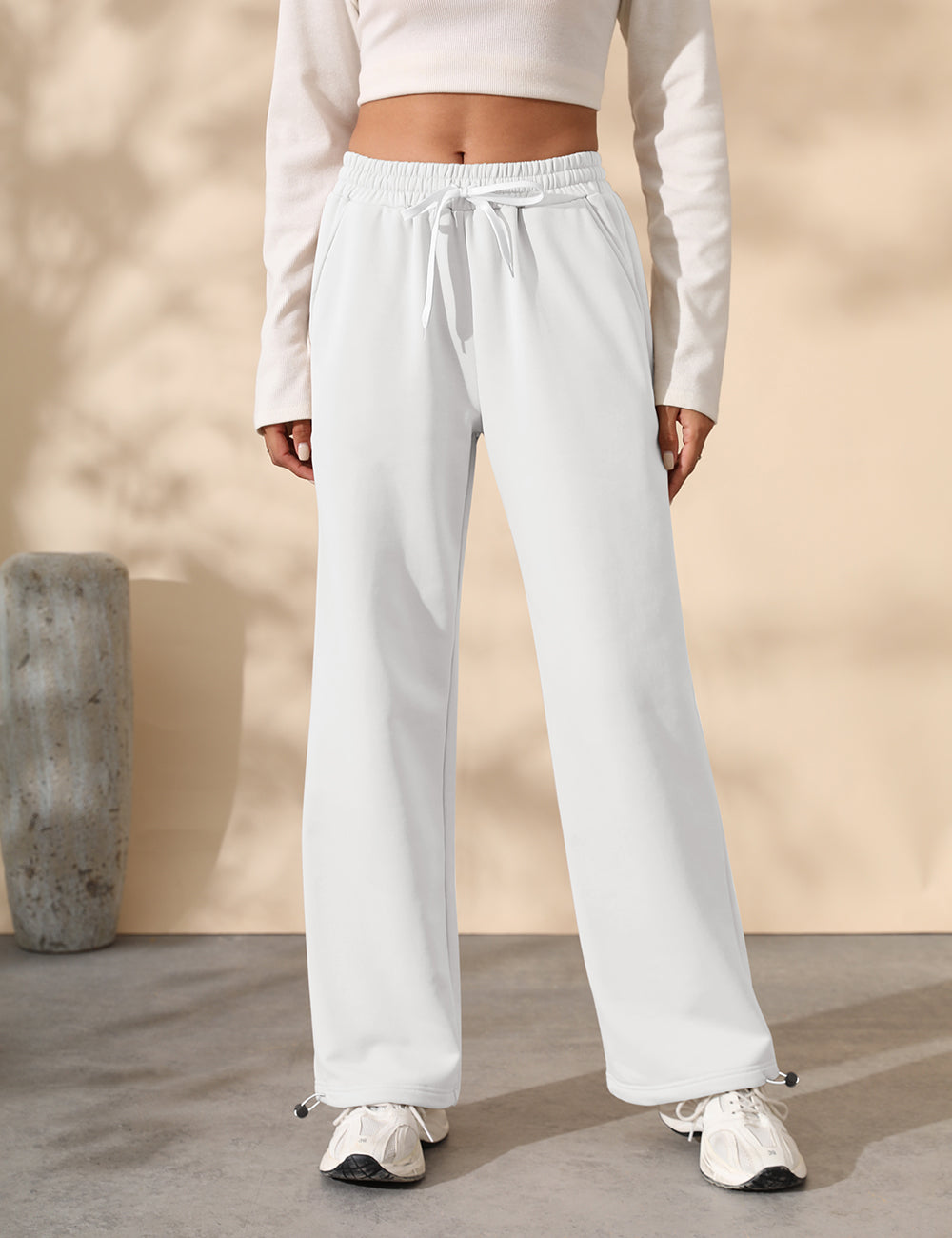 Fleece Lined Sweatpants for Women Winter Warm Wide Leg Drawstring Cuffs Baggy Sweat Pants