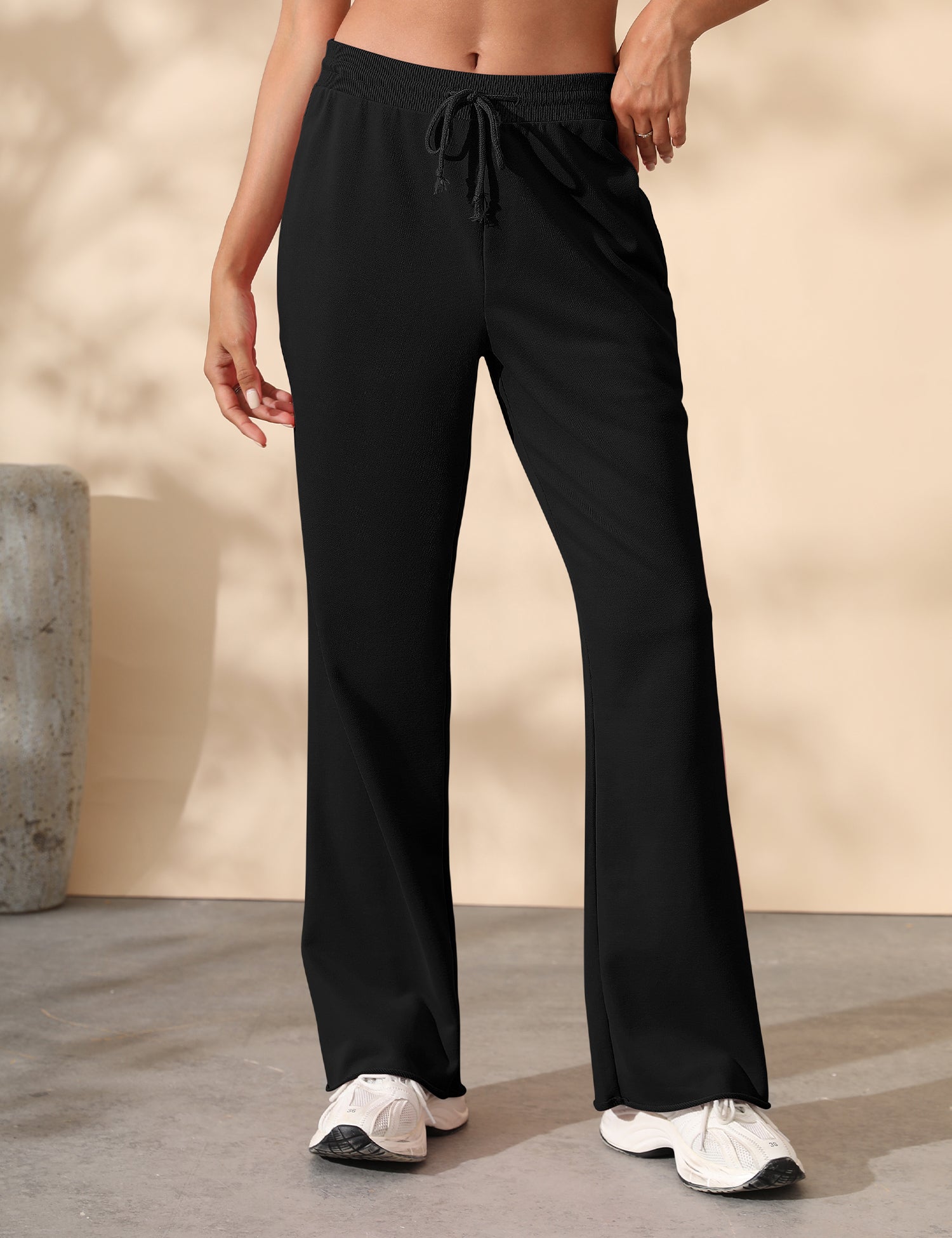 Women's Drawstring Ribbed Waist Raw Hem Flared Wide Leg Sweatpants