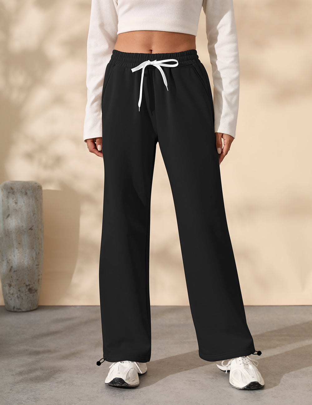 Fleece Lined Sweatpants for Women Winter Warm Wide Leg Drawstring Cuffs Baggy Sweat Pants