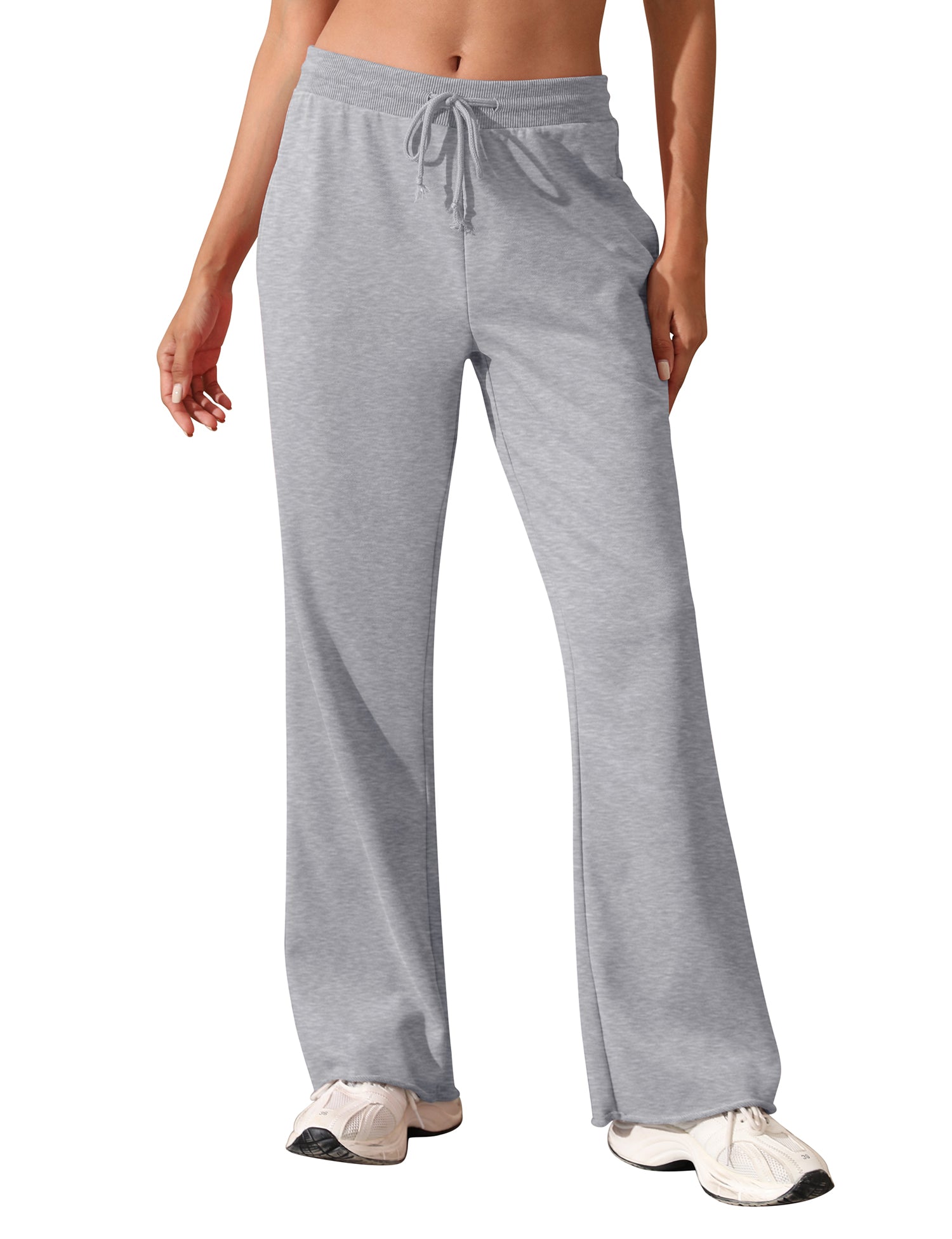 Women's Drawstring Ribbed Waist Raw Hem Flared Wide Leg Sweatpants