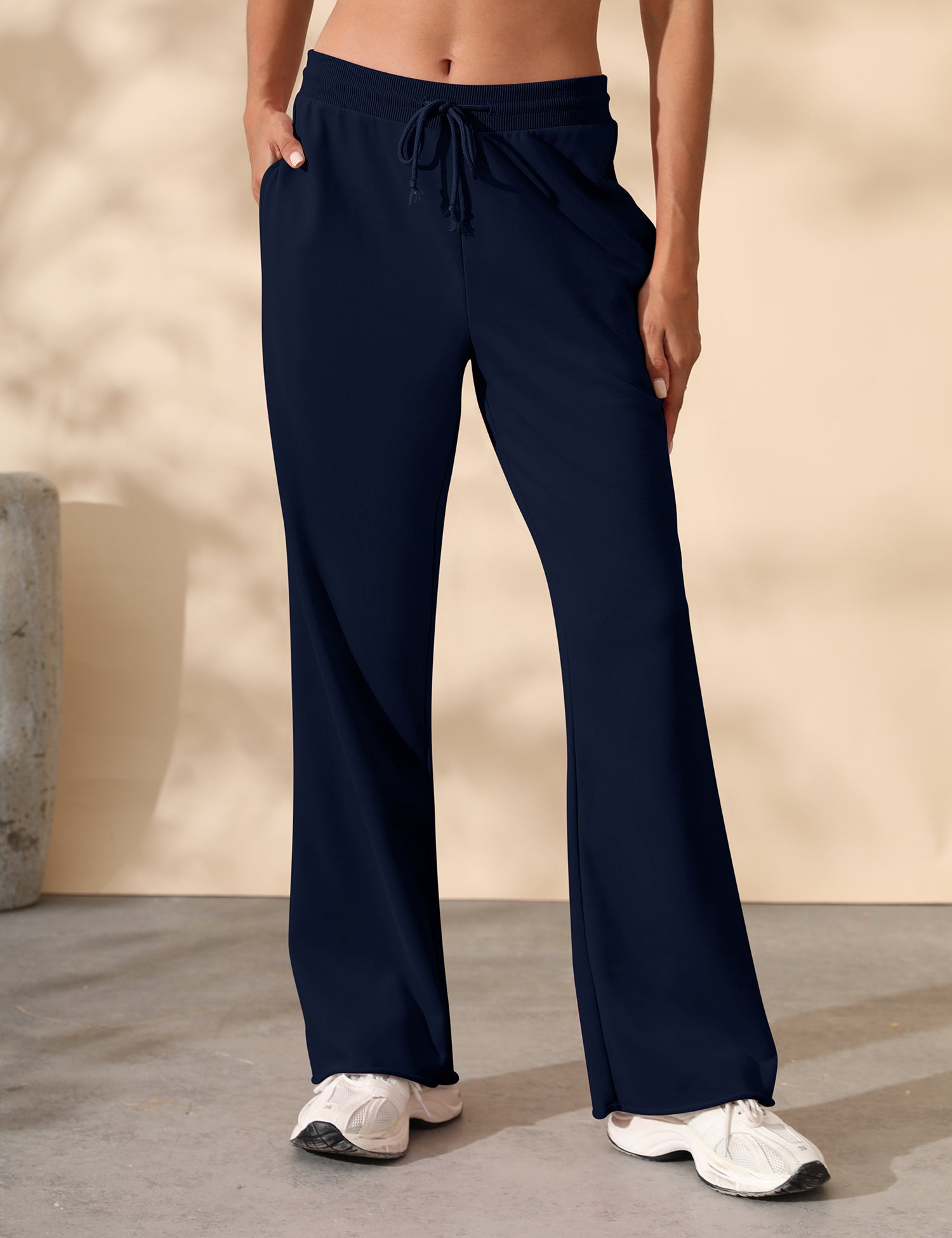 Women's Drawstring Ribbed Waist Raw Hem Flared Wide Leg Sweatpants