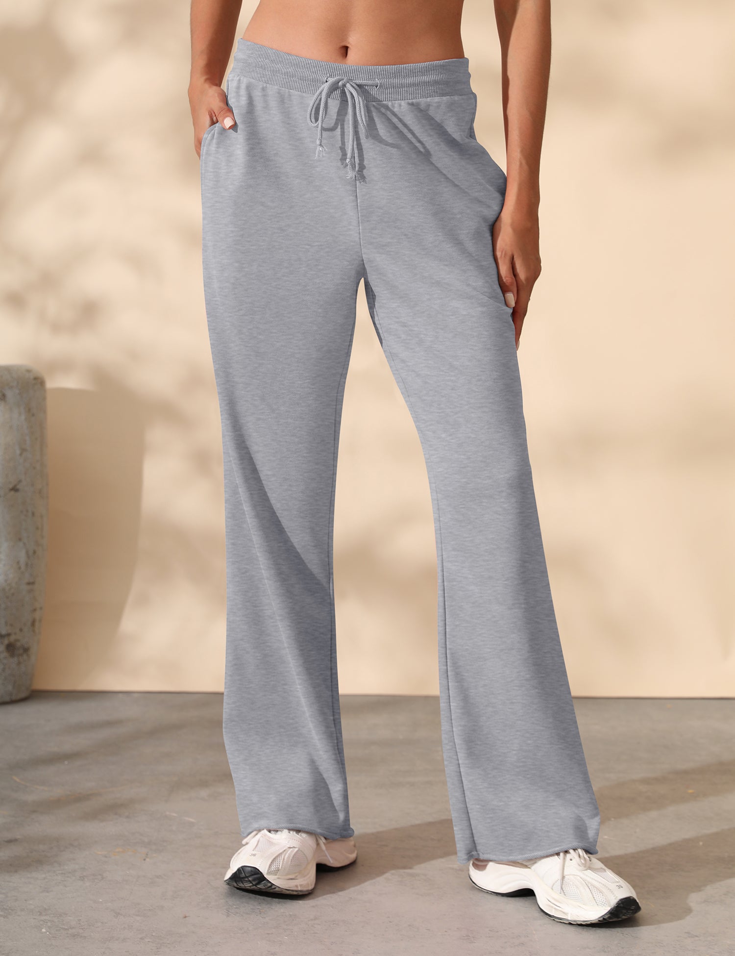 Women's Drawstring Ribbed Waist Raw Hem Flared Wide Leg Sweatpants