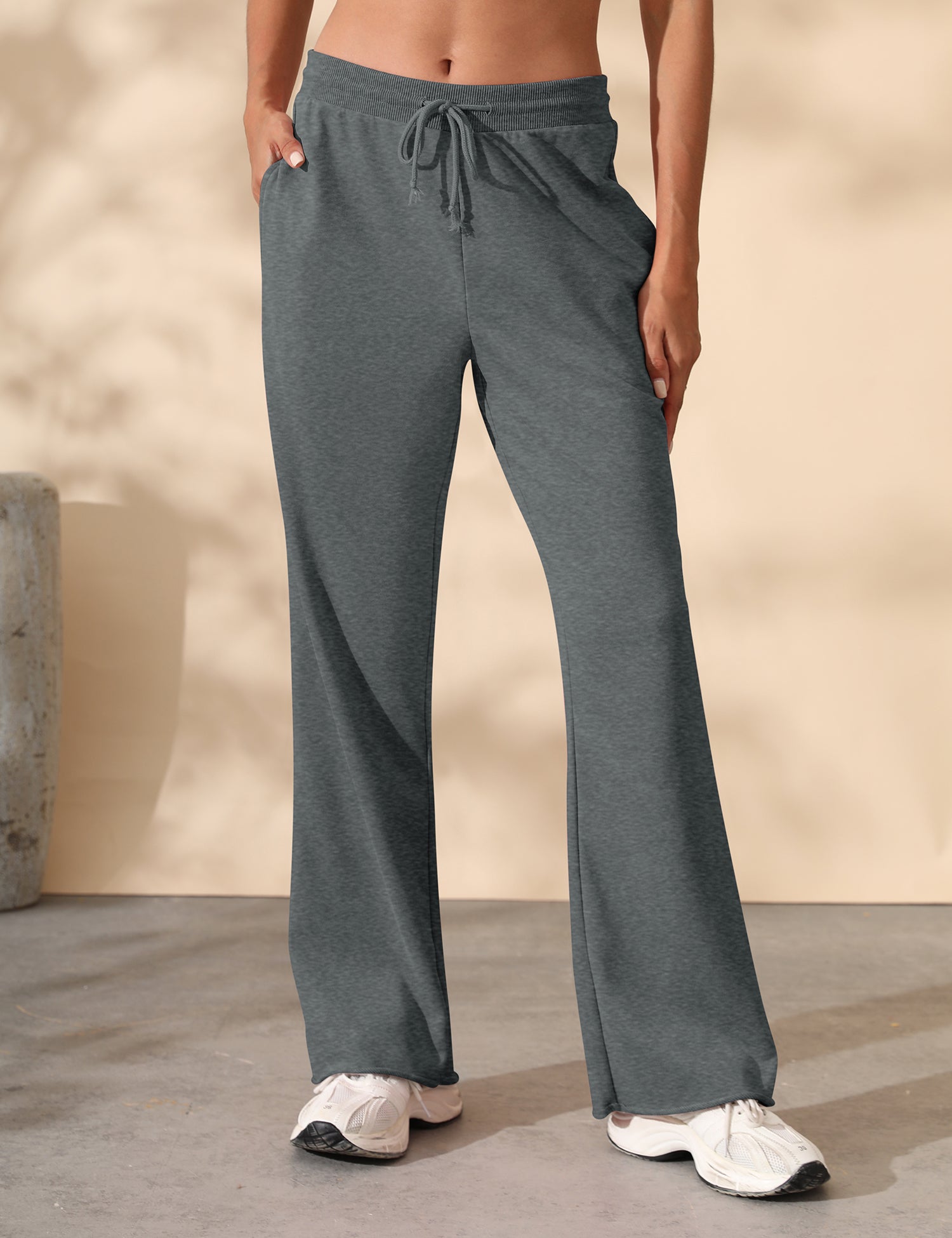Women's Drawstring Ribbed Waist Raw Hem Flared Wide Leg Sweatpants
