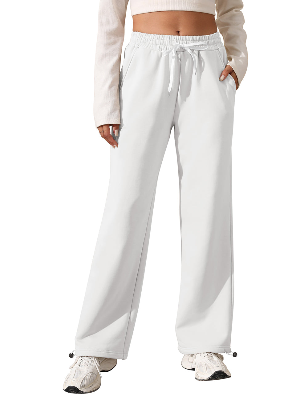 Fleece Lined Sweatpants for Women Winter Warm Wide Leg Drawstring Cuffs Baggy Sweat Pants