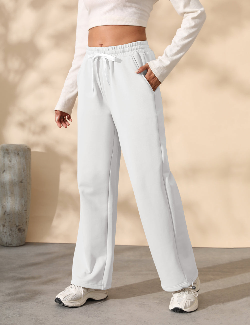 Fleece Lined Sweatpants for Women Winter Warm Wide Leg Drawstring Cuffs Baggy Sweat Pants