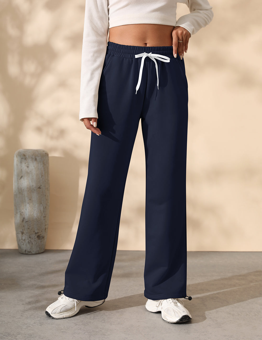 Fleece Lined Sweatpants for Women Winter Warm Wide Leg Drawstring Cuffs Baggy Sweat Pants