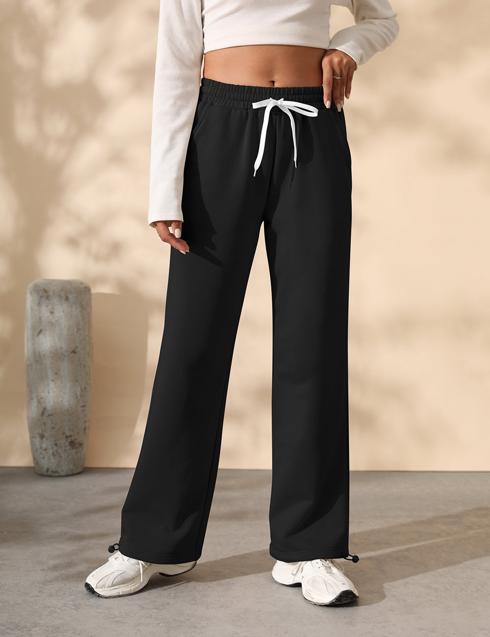 Fleece Lined Sweatpants for Women Winter Warm Wide Leg Drawstring Cuffs Baggy Sweat Pants