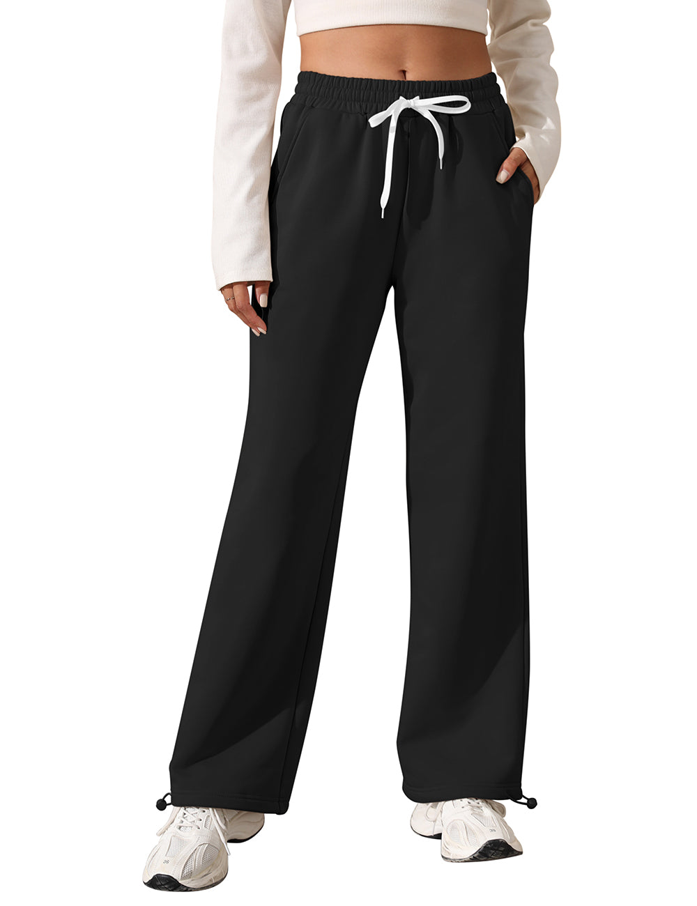 Fleece Lined Sweatpants for Women Winter Warm Wide Leg Drawstring Cuffs Baggy Sweat Pants