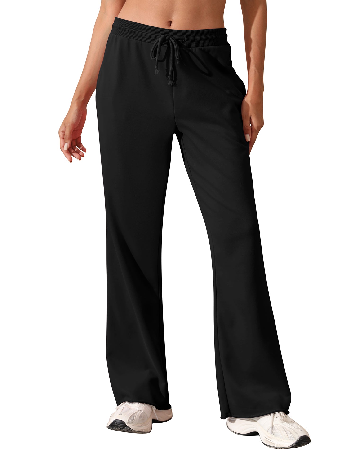 Women's Drawstring Ribbed Waist Raw Hem Flared Wide Leg Sweatpants