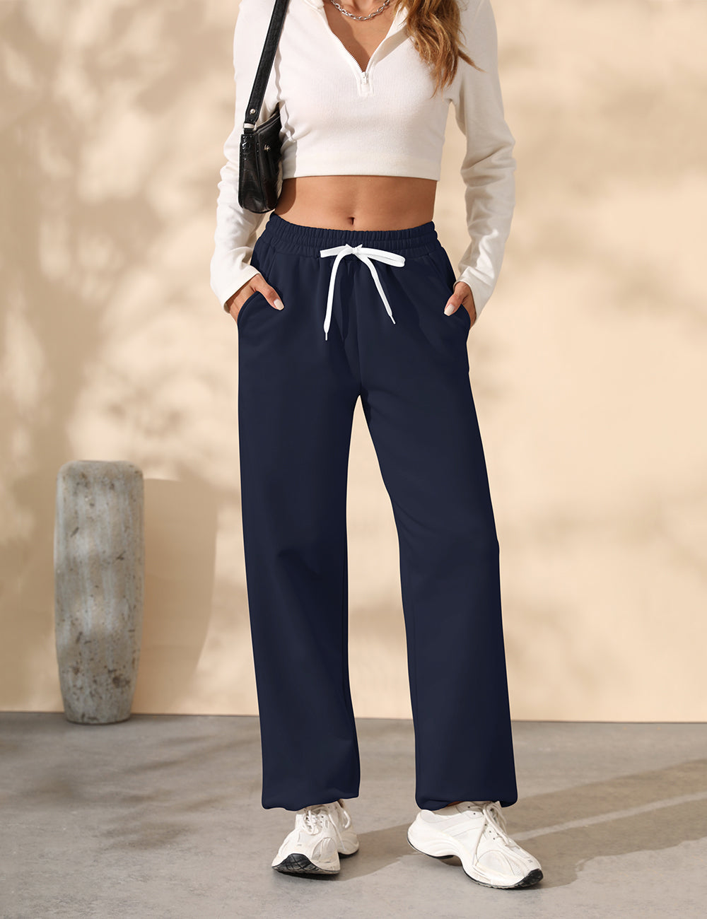 Fleece Lined Sweatpants for Women Winter Warm Wide Leg Drawstring Cuffs Baggy Sweat Pants