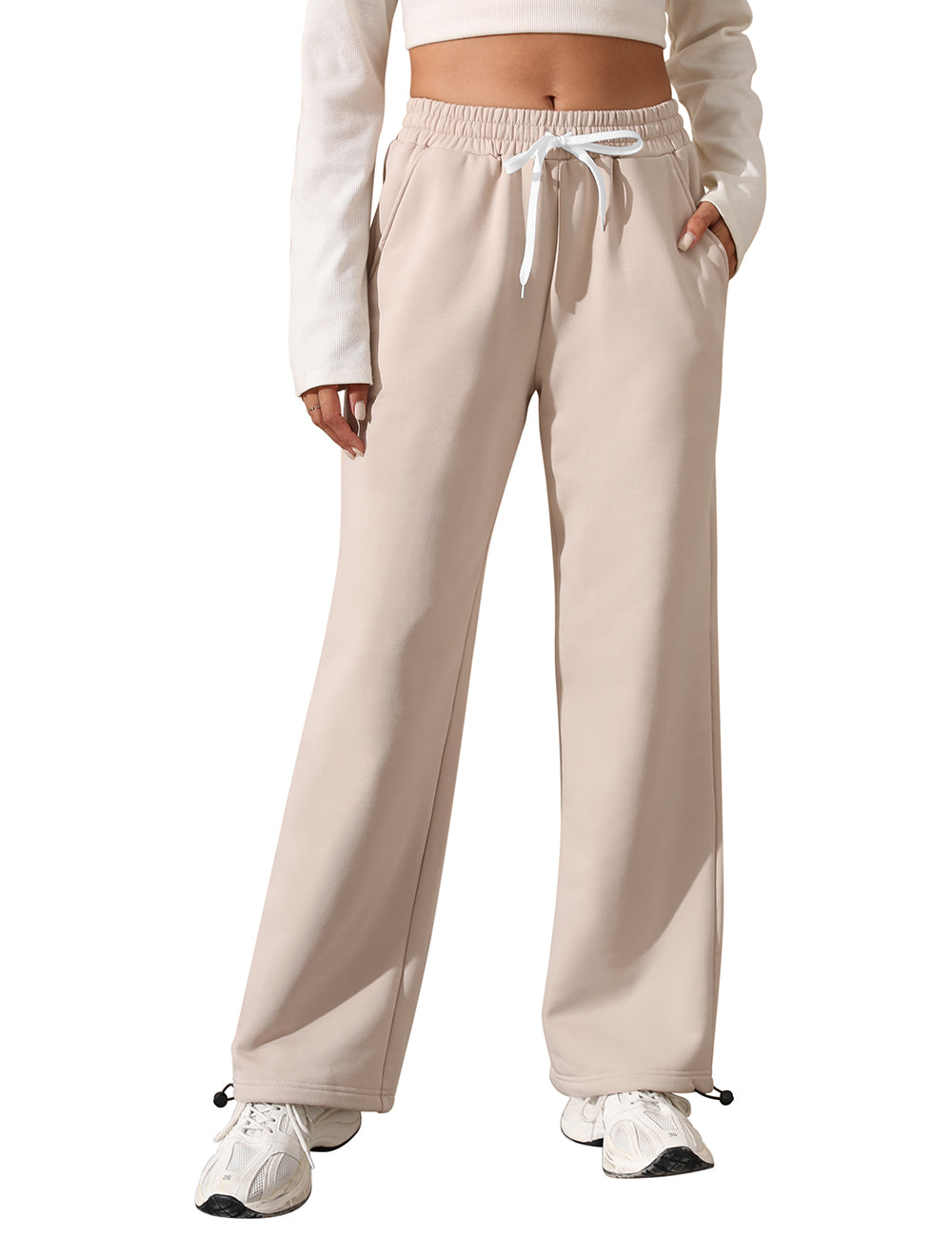 Fleece Lined Sweatpants for Women Winter Warm Wide Leg Drawstring Cuffs Baggy Sweat Pants