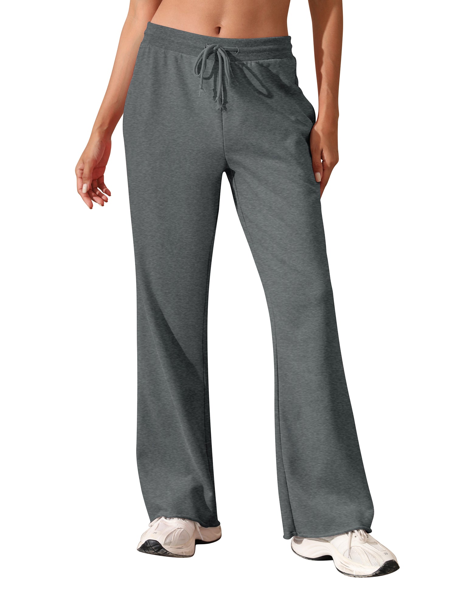 Women's Drawstring Ribbed Waist Raw Hem Flared Wide Leg Sweatpants