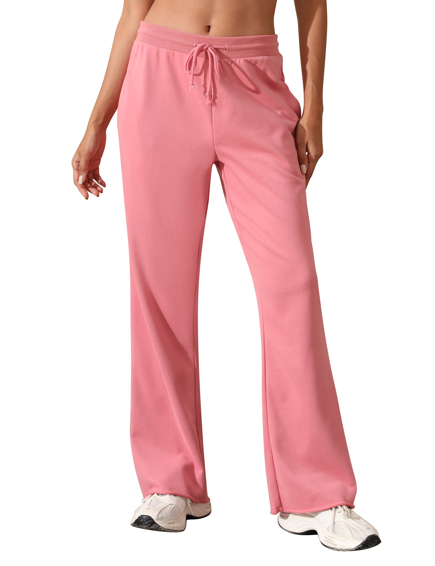 Women's Drawstring Ribbed Waist Raw Hem Flared Wide Leg Sweatpants