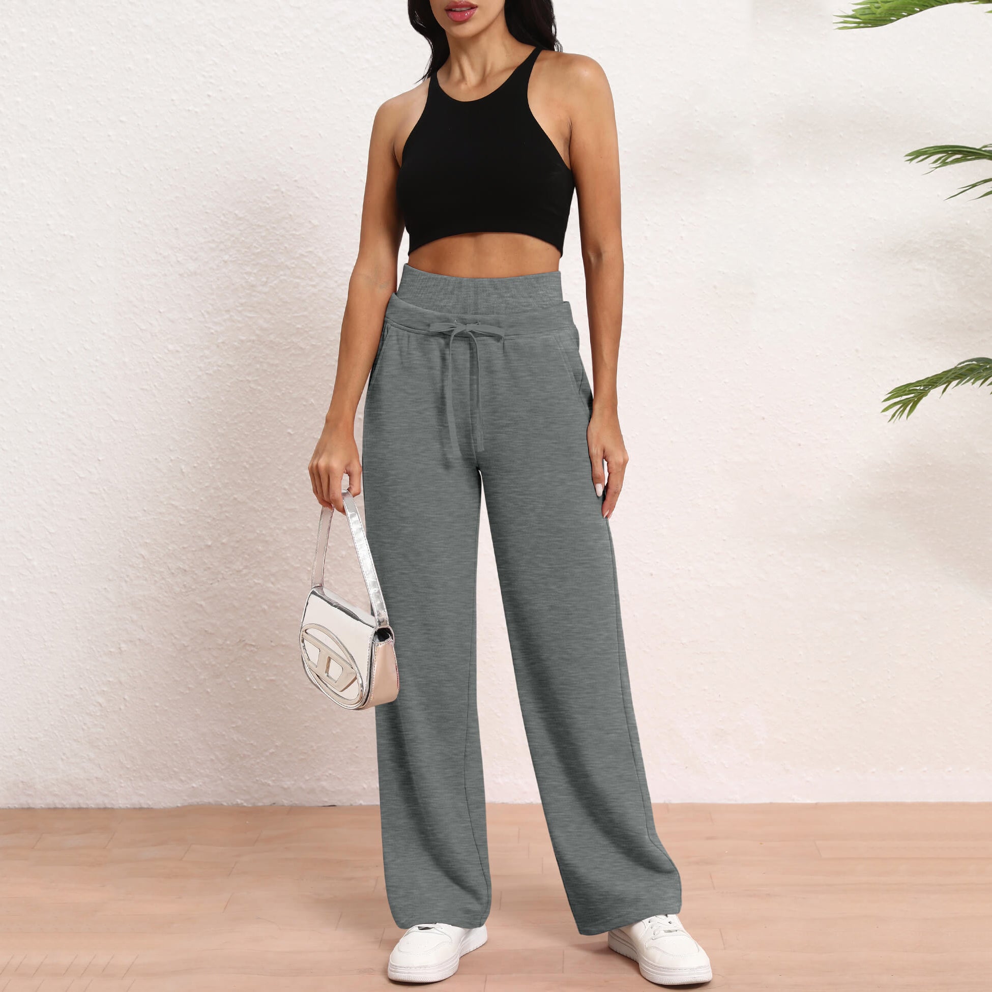 Women's Wide Leg Sweatpants Double Waisted Baggy Sweat Pants with Pockets