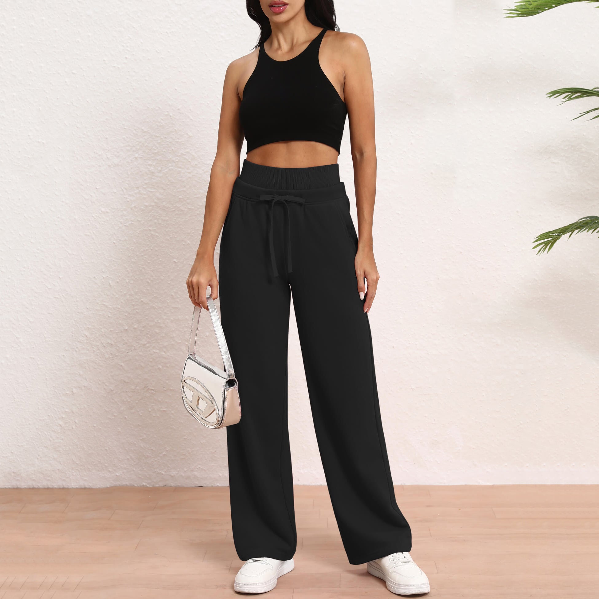 Women's Wide Leg Sweatpants Double Waisted Baggy Sweat Pants with Pockets
