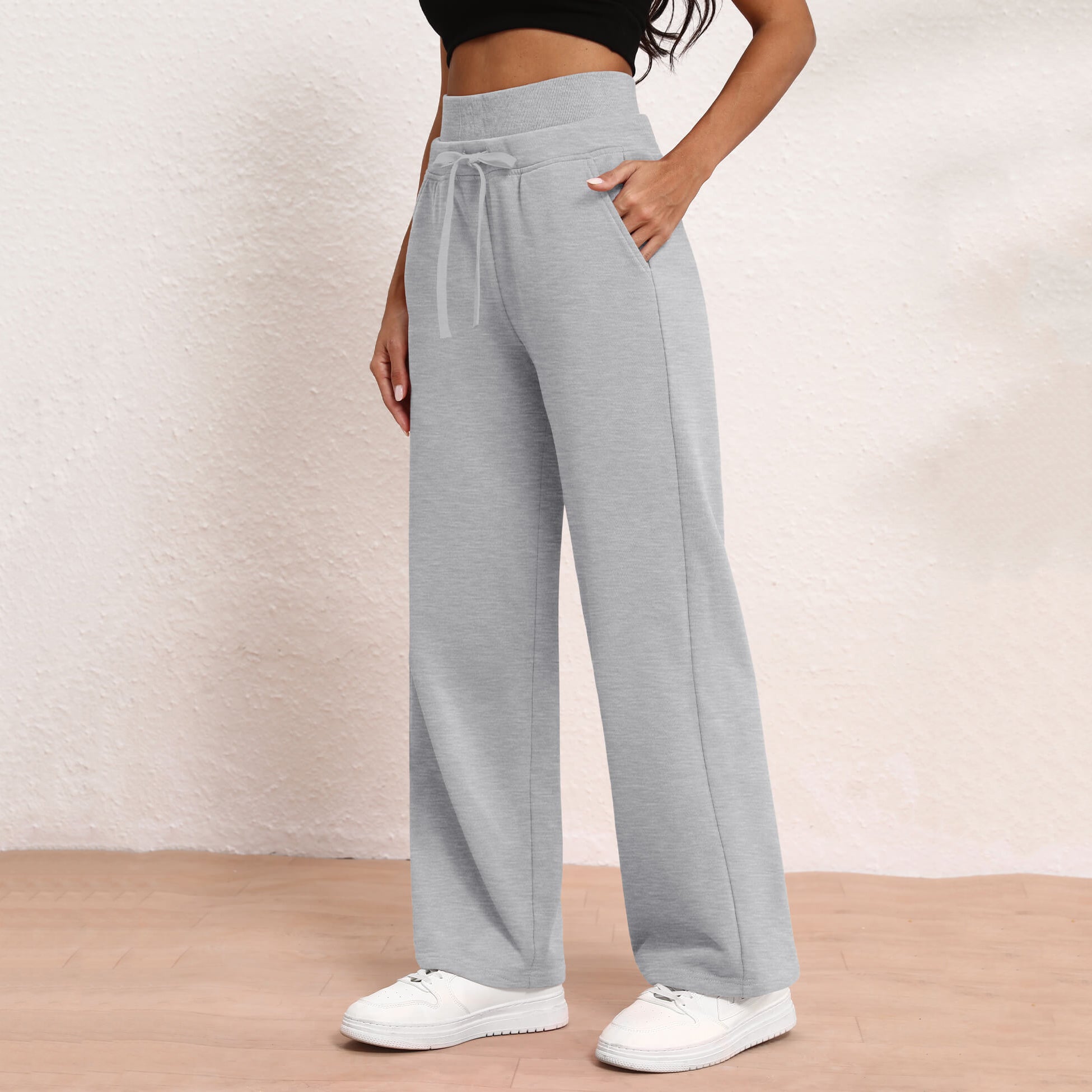 Women's Wide Leg Sweatpants Double Waisted Baggy Sweat Pants with Pockets