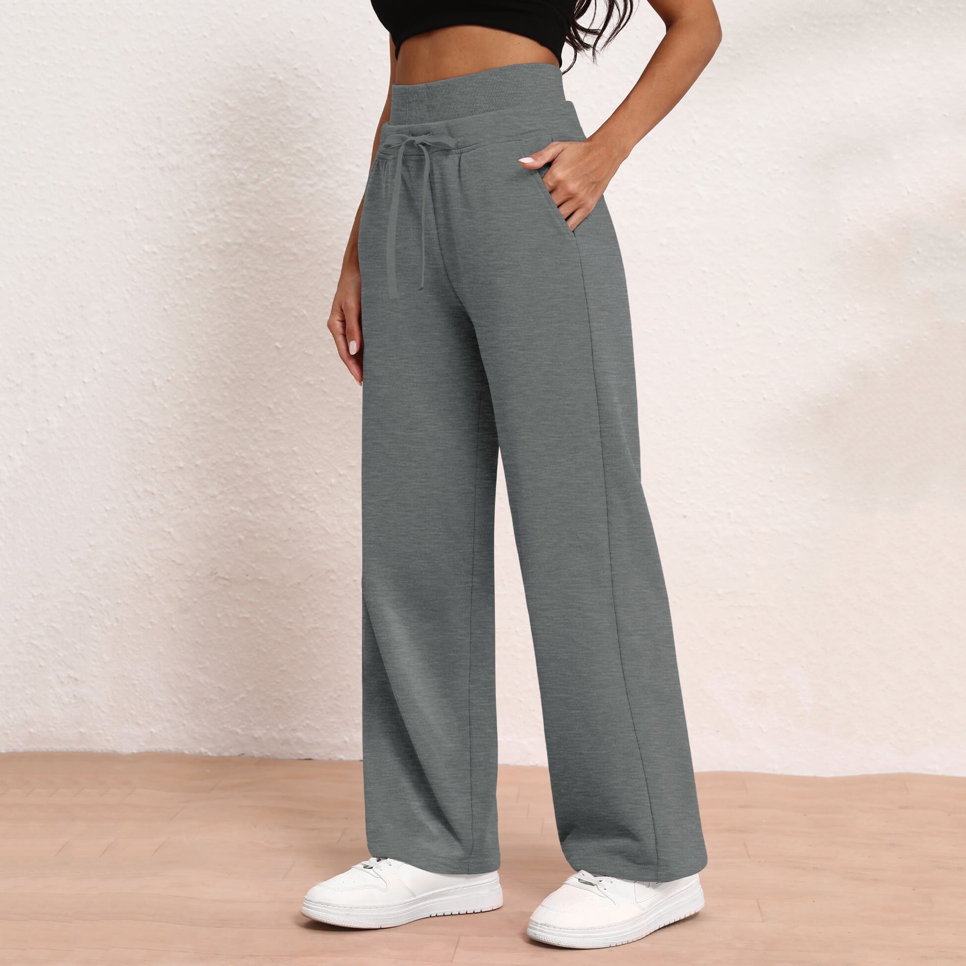 Women's Wide Leg Sweatpants Double Waisted Baggy Sweat Pants with Pockets