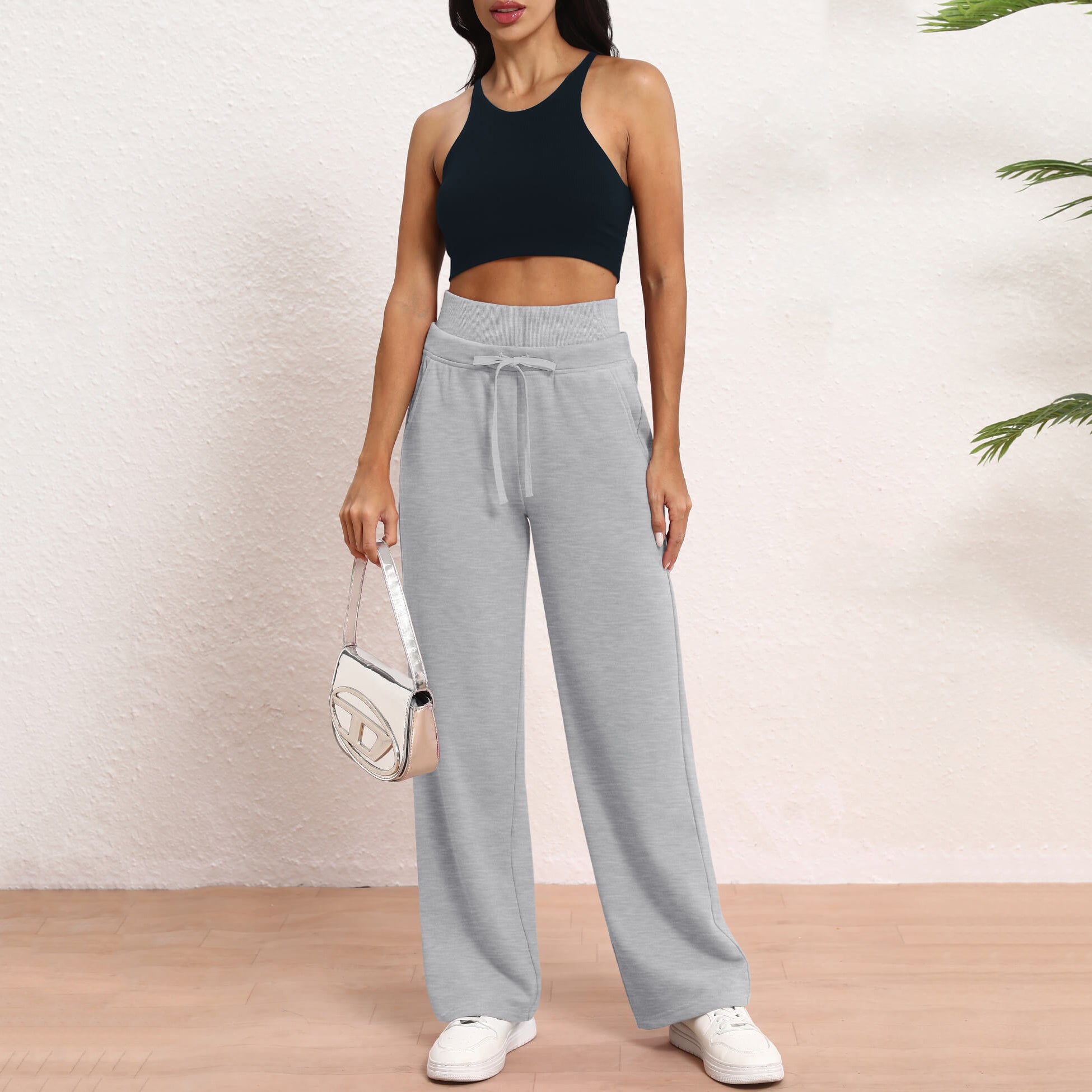 Women's Wide Leg Sweatpants Double Waisted Baggy Sweat Pants with Pockets