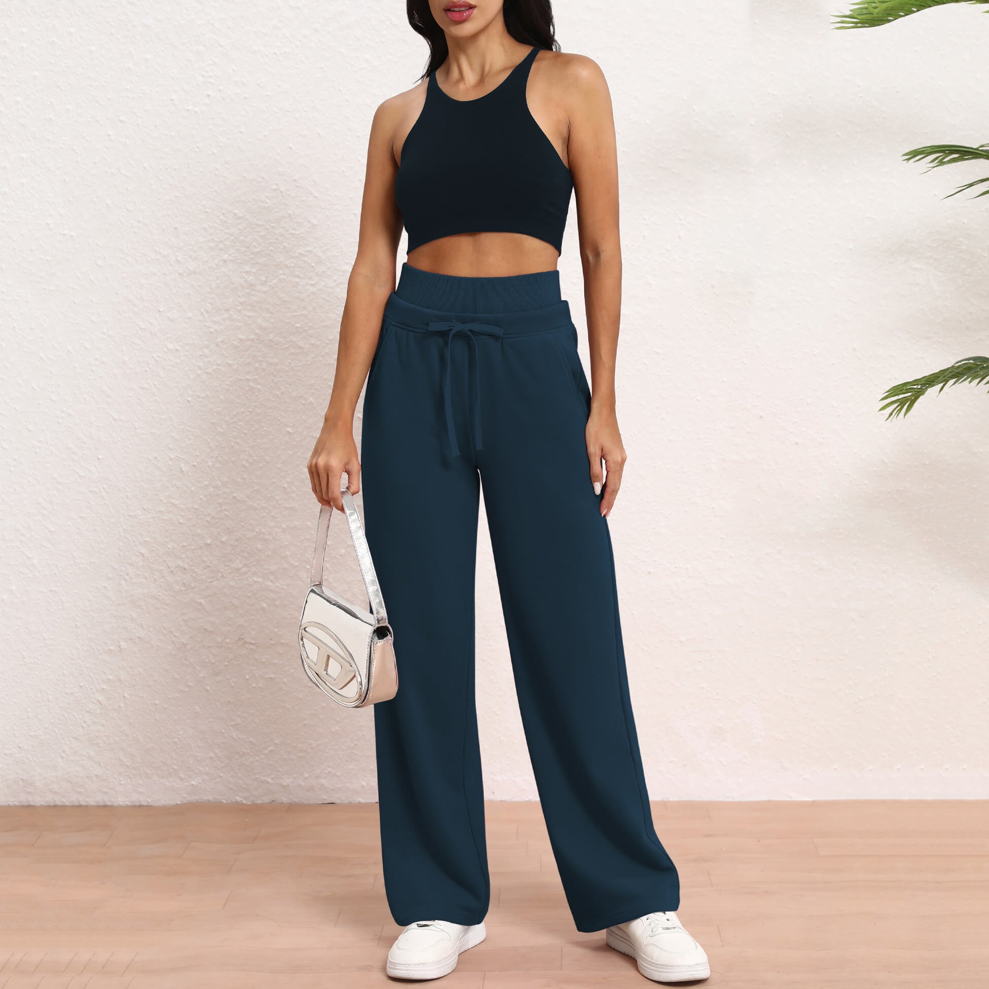 Women's Wide Leg Sweatpants Double Waisted Baggy Sweat Pants with Pockets