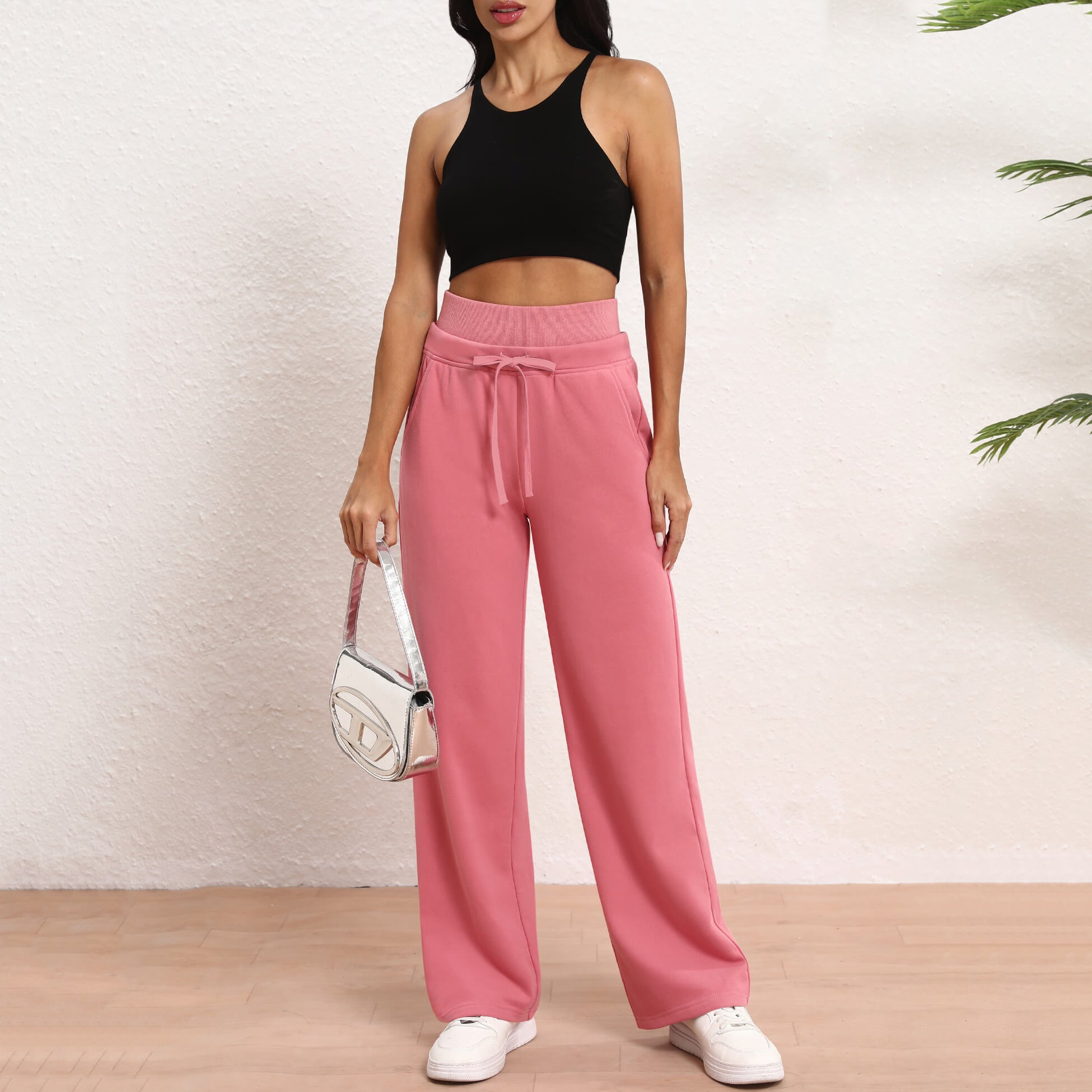 Women's Wide Leg Sweatpants Double Waisted Baggy Sweat Pants with Pockets