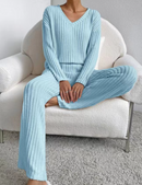 Women's 2 Piece Outfits Pit Strip Long Sleeve V Neck Knit Sweater Lounge Set Sweatsuit