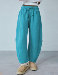 Women's Barrel Leg Sweatpant Drawstring Elastic Waisted Wide Leg Pants Casual Cotton Palazzo Trousers with Pockets