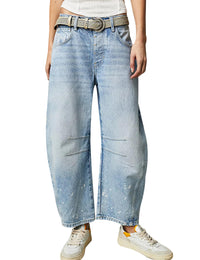 Women's Wide Leg Mid Waist Cropped Denim Pants Y2k Baggy Boyfriend Jeans with Pockets