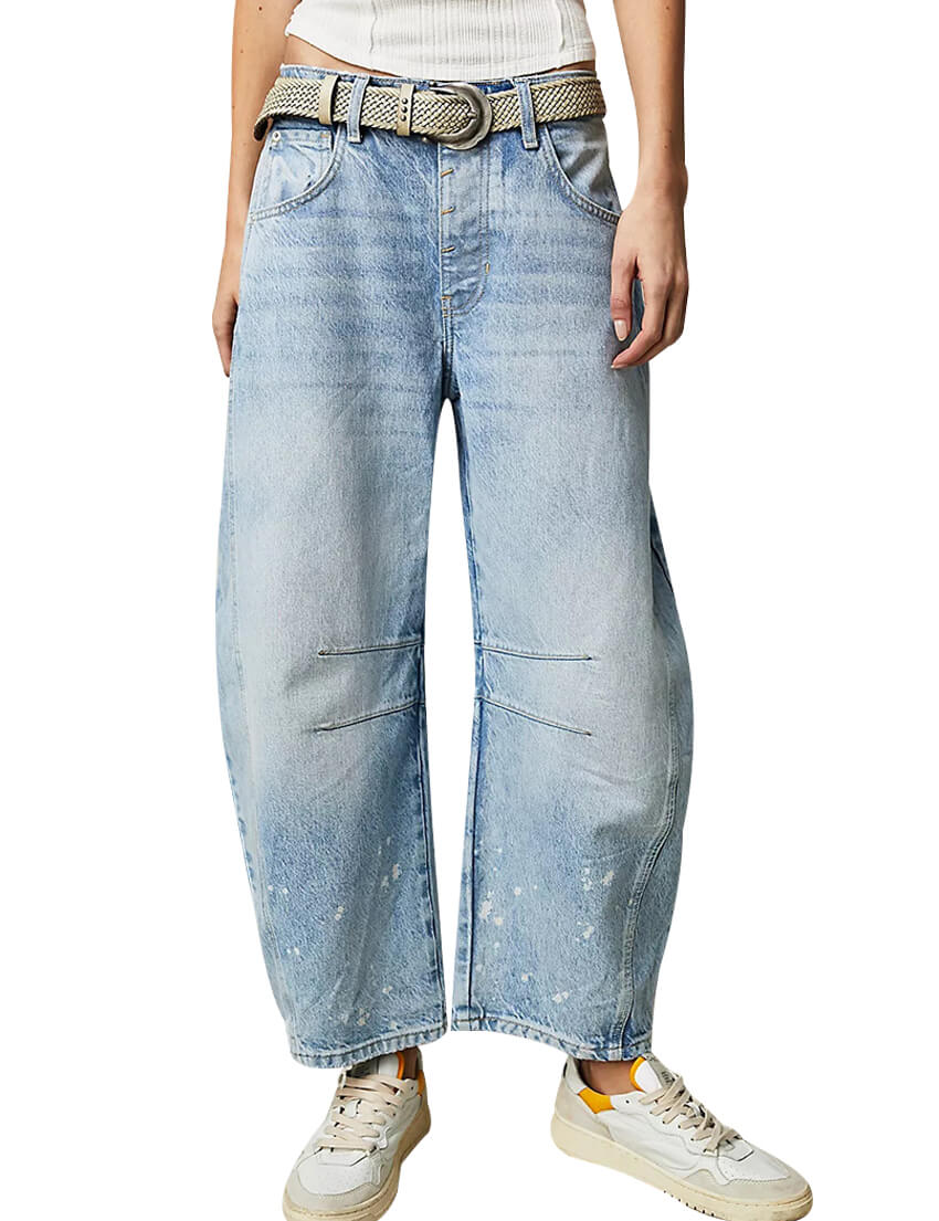 Women's Wide Leg Mid Waist Cropped Denim Pants Y2k Baggy Boyfriend Jeans with Pockets