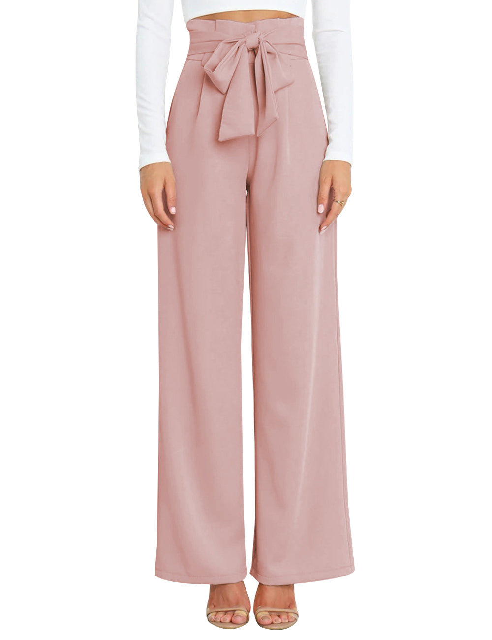 Wide Leg Pants for Women High Waisted Work Casual Flowy Tie Knot Trousers