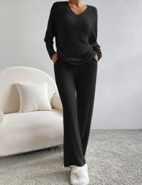 Women's 2 Piece Outfits Pit Strip Long Sleeve V Neck Knit Sweater Lounge Set Sweatsuit