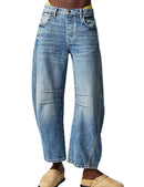 Women's Wide Leg Mid Waist Cropped Denim Pants Y2k Baggy Boyfriend Jeans with Pockets