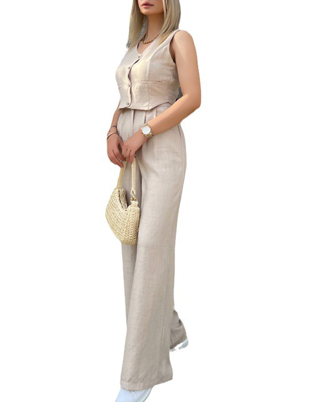 Women's 2 Piece Outfits Button Front Waistcoat Sleeveless Vest and Pants