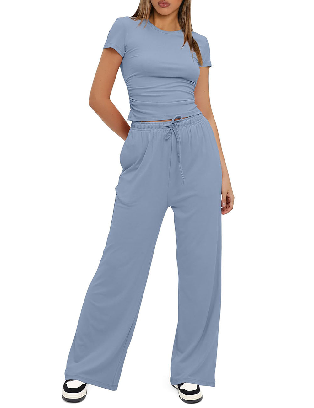 Women's 2 Piece Outfits Lounge Sets Short Sleeve Tops and High Waisted Pants Tracksuit Sets