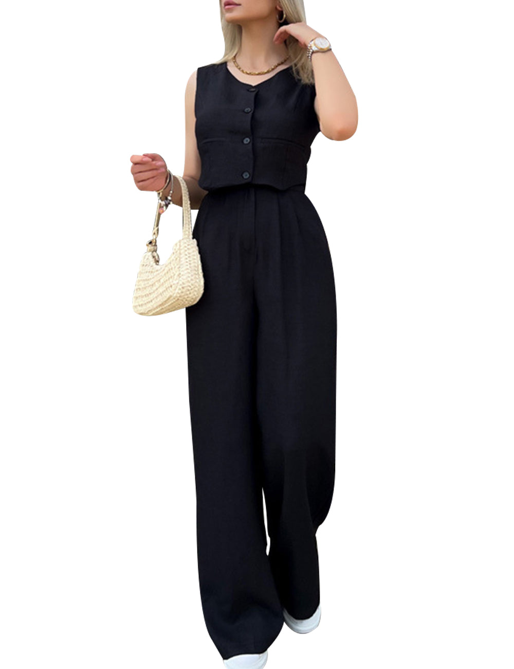 Women's 2 Piece Outfits Button Front Waistcoat Sleeveless Vest and Pants