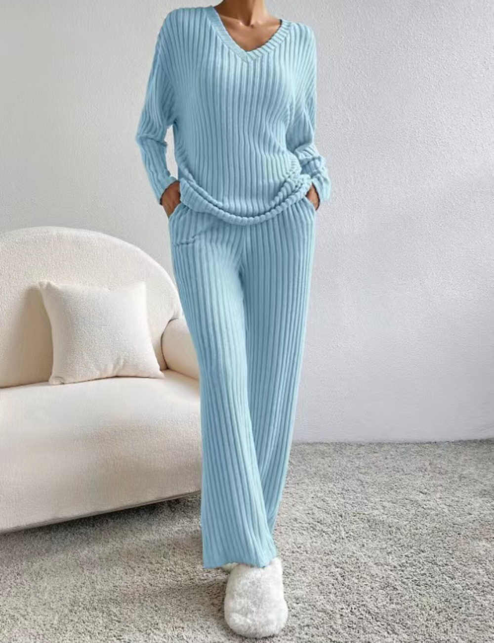 Women's 2 Piece Outfits Pit Strip Long Sleeve V Neck Knit Sweater Lounge Set Sweatsuit