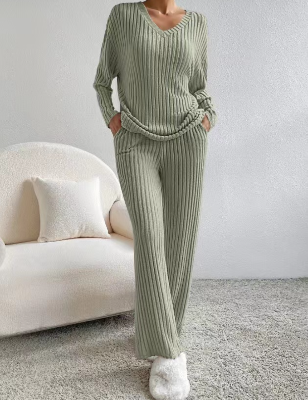 Women's 2 Piece Outfits Pit Strip Long Sleeve V Neck Knit Sweater Lounge Set Sweatsuit