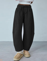 Women's Barrel Leg Sweatpant Drawstring Elastic Waisted Wide Leg Pants Casual Cotton Palazzo Trousers with Pockets