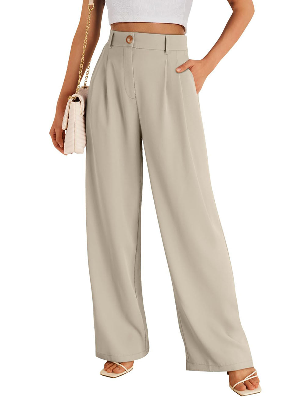 Women's Wide Leg Pants Elastic High Waisted Waffle Knit Casual Palazzo Trousers