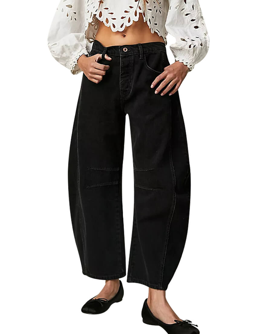 Women's Wide Leg Mid Waist Cropped Denim Pants Y2k Baggy Boyfriend Jeans with Pockets