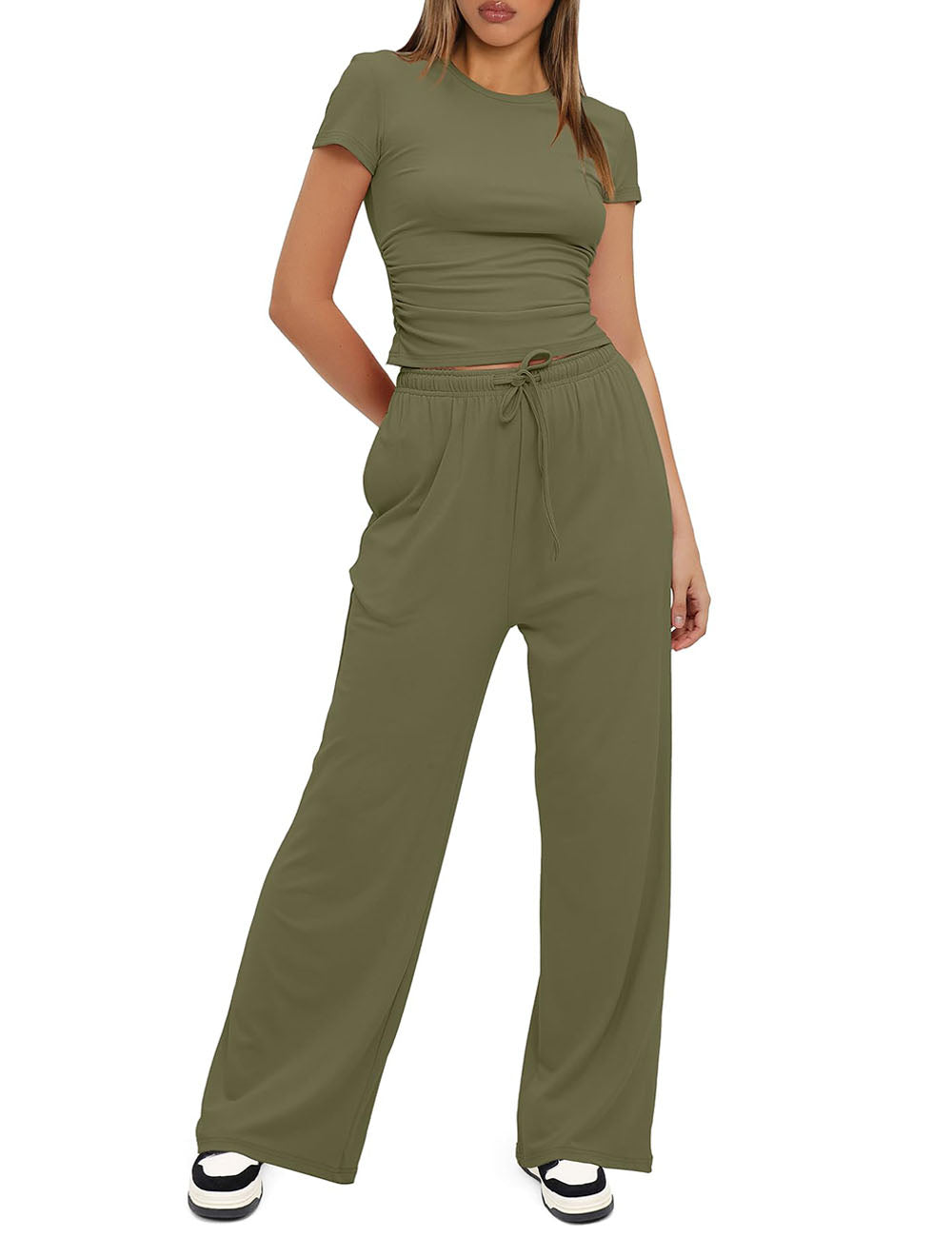 Women's 2 Piece Outfits Lounge Sets Short Sleeve Tops and High Waisted Pants Tracksuit Sets