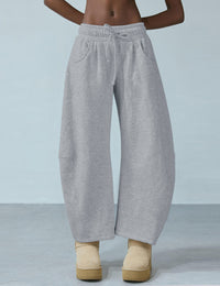 Women's Barrel Leg Sweatpant Drawstring Elastic Waisted Wide Leg Pants Casual Cotton Palazzo Trousers with Pockets