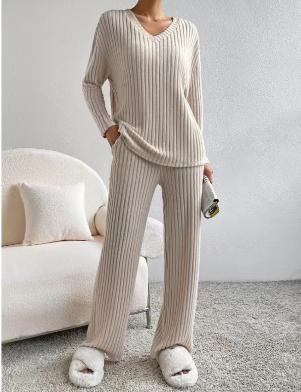 Women's 2 Piece Outfits Pit Strip Long Sleeve V Neck Knit Sweater Lounge Set Sweatsuit