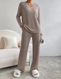 Women's 2 Piece Outfits Pit Strip Long Sleeve V Neck Knit Sweater Lounge Set Sweatsuit