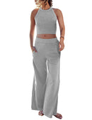 Women's Two Piece Summer Sets Ribbed Tank Crop Top Wide Leg Pants Lounge Sets