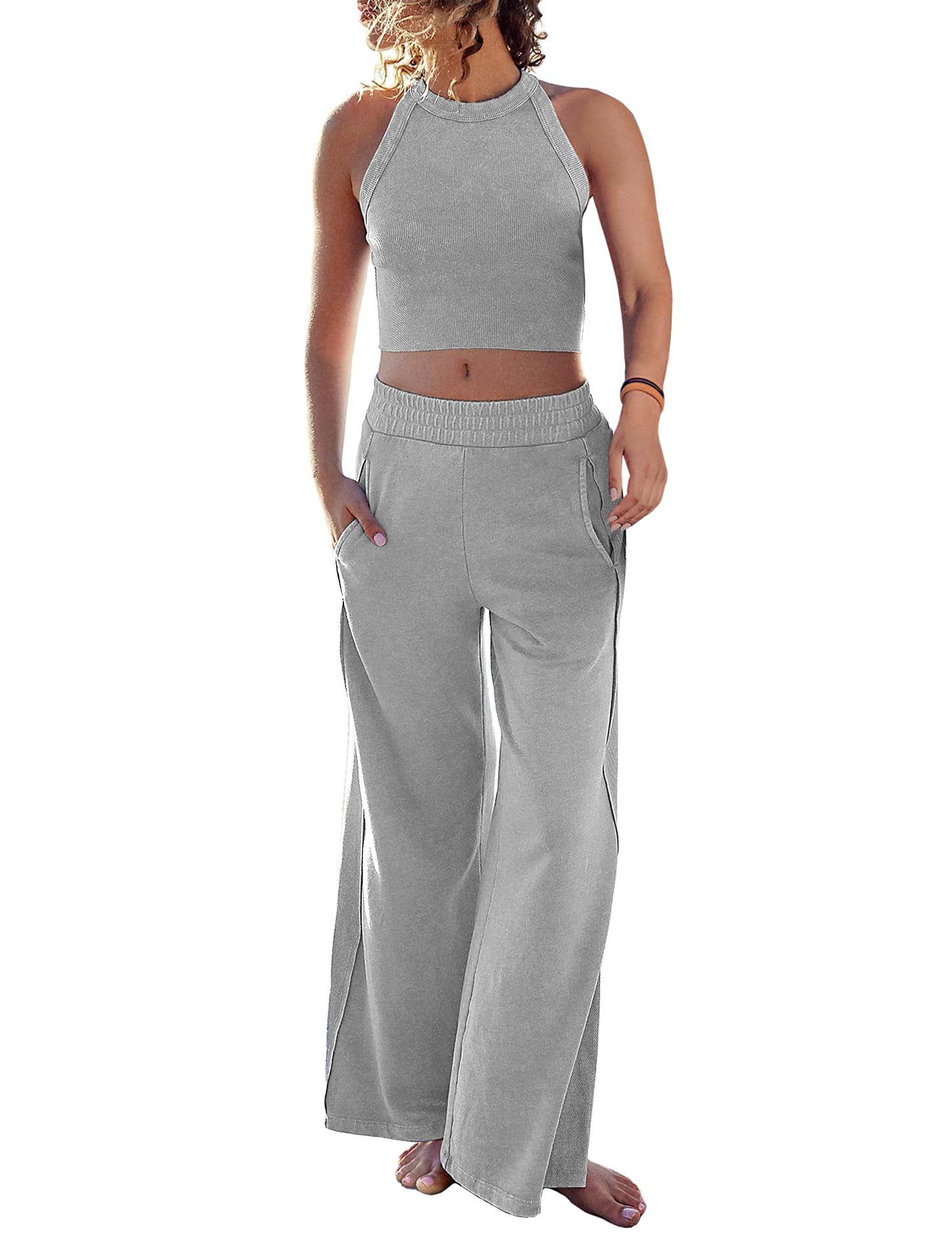 Women's Two Piece Summer Sets Ribbed Tank Crop Top Wide Leg Pants Lounge Sets