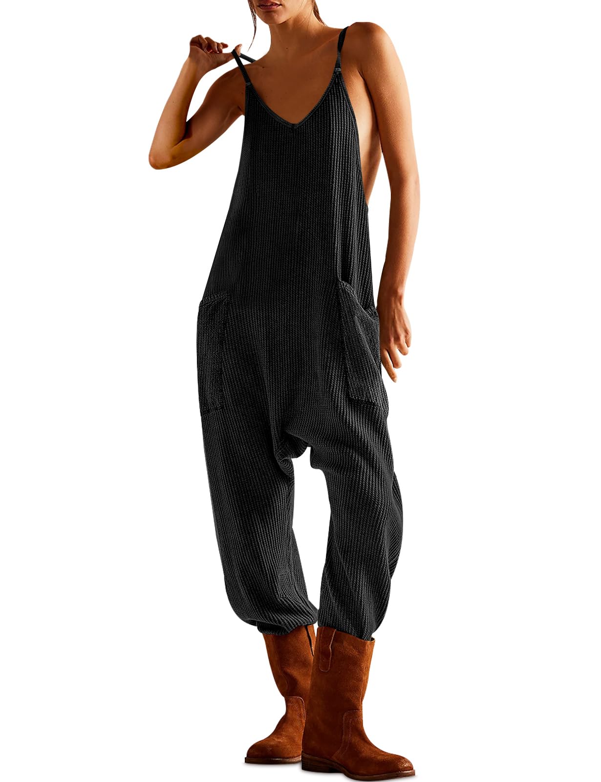 Women's Sleeveless Jumpsuits Casual Waffle Knit Rompers Spaghetti Strap One Piece Jumpsuits